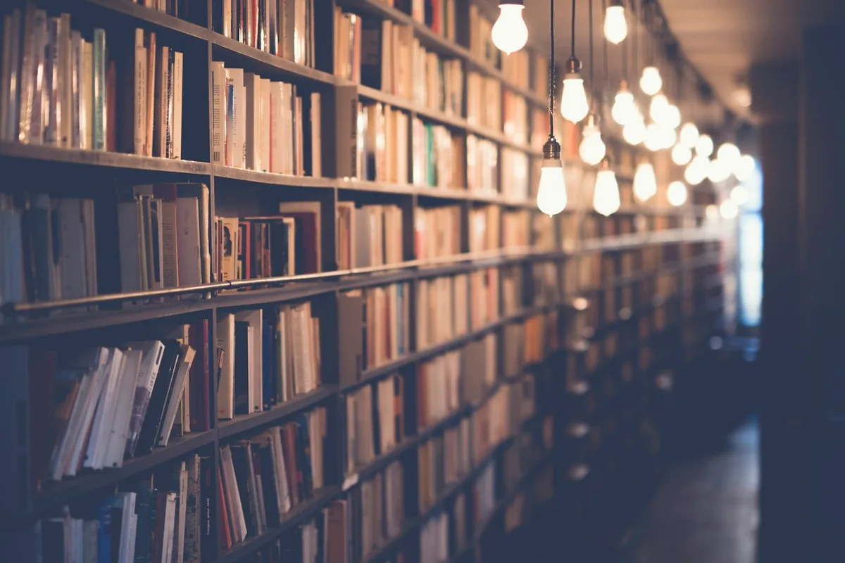 Shelves of books in a warmly lit library