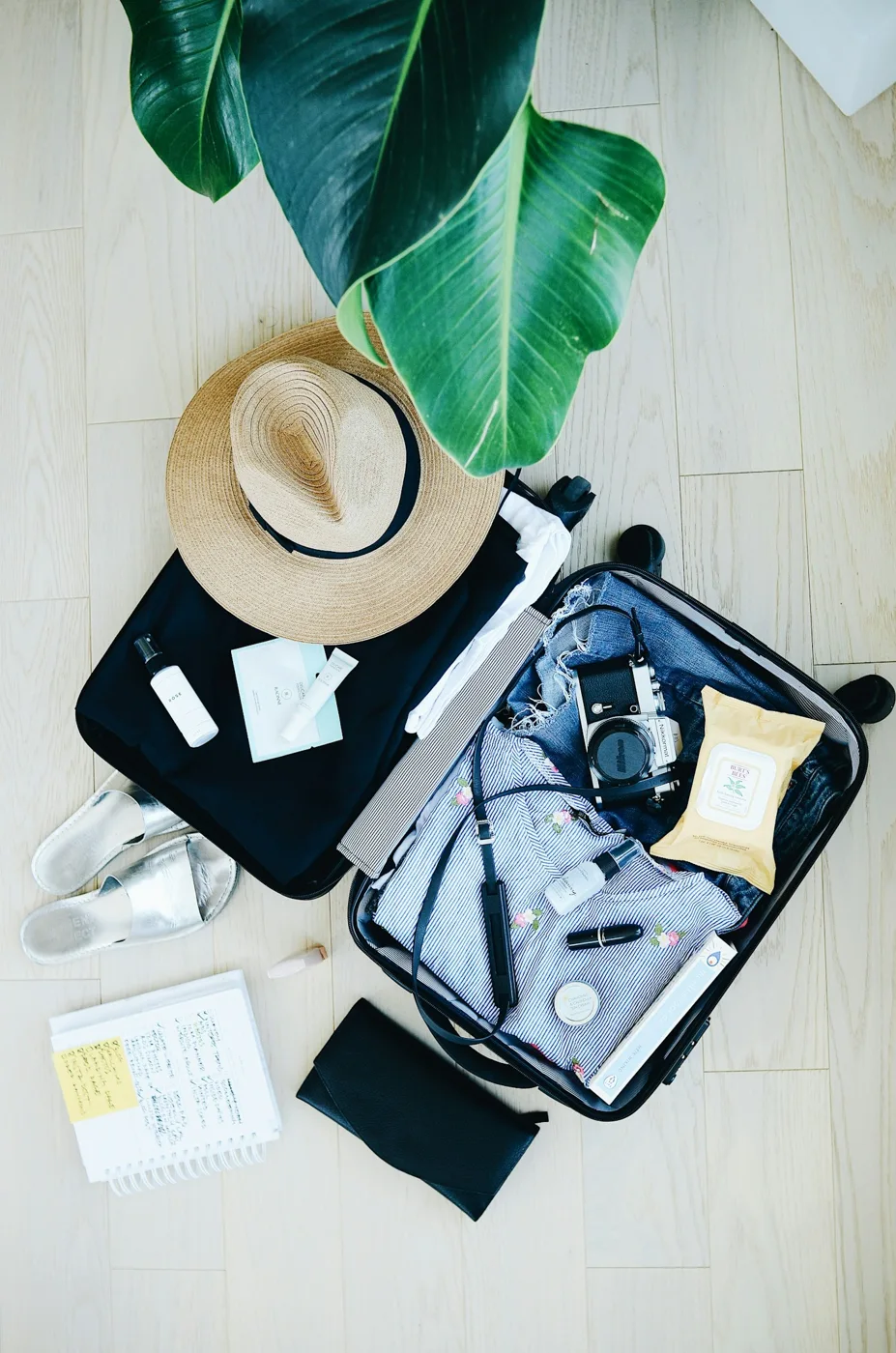 Open suitcase with clothing, a hat, and travel essentials