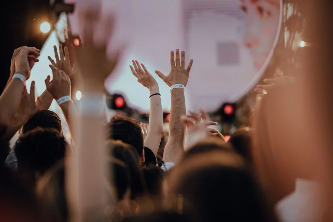 Audience members with raised hands at a live performance