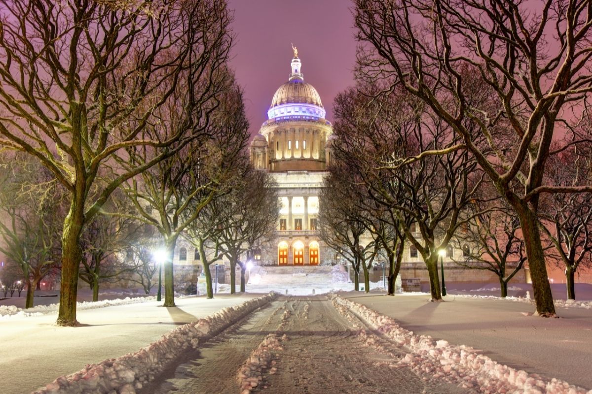 Rhode Island state house at night in the snow