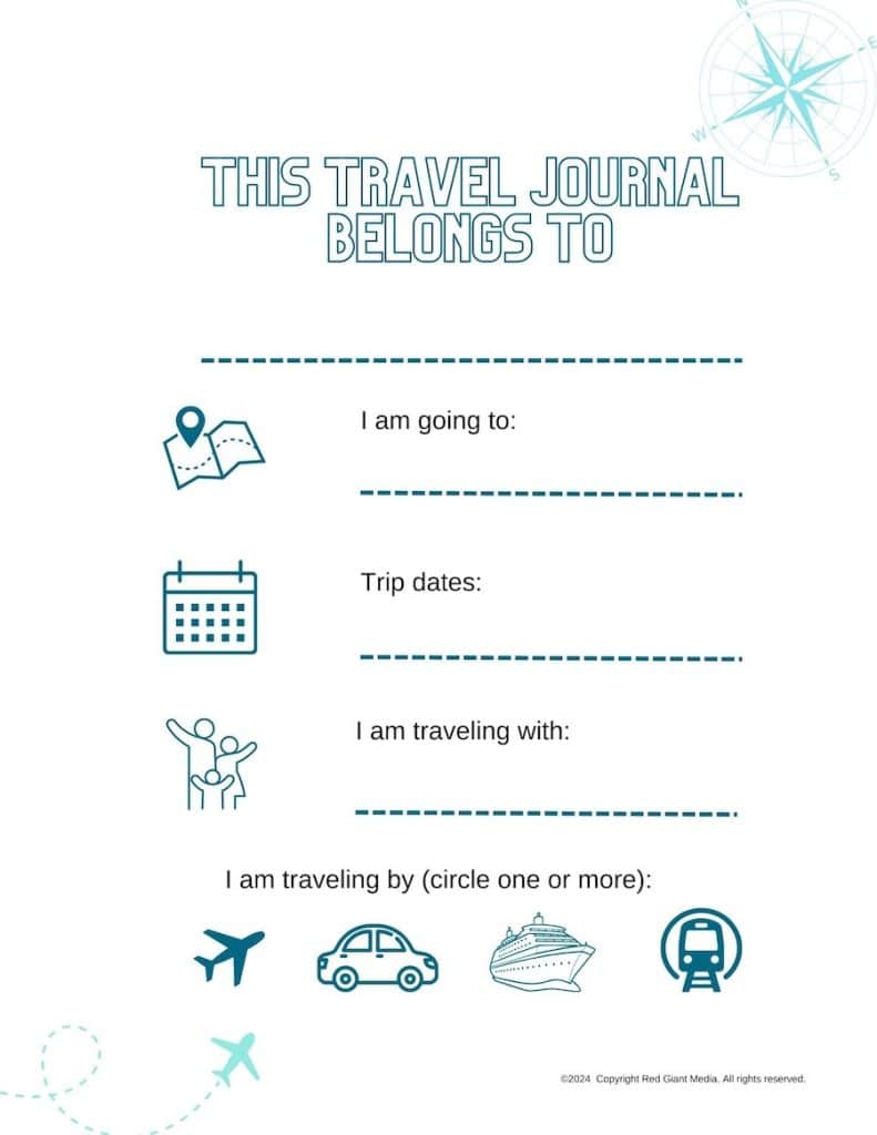 Kids travel journal printable cover