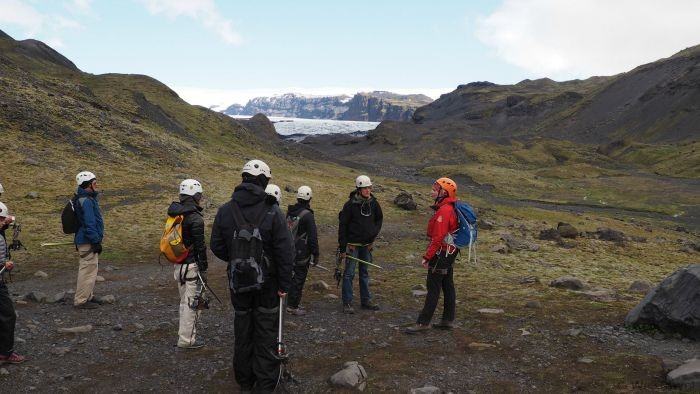 Glacier hiking in Iceland with Arcanum Glacier Tours -- safety talk before going onto the glacier