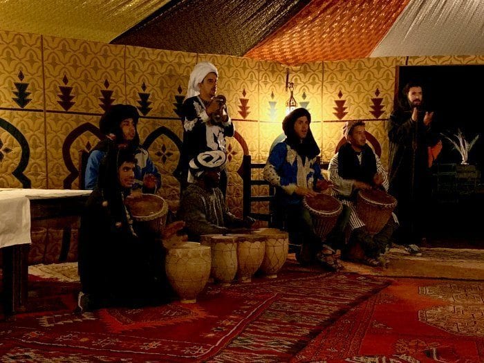 Berber drummers inside the dining tent