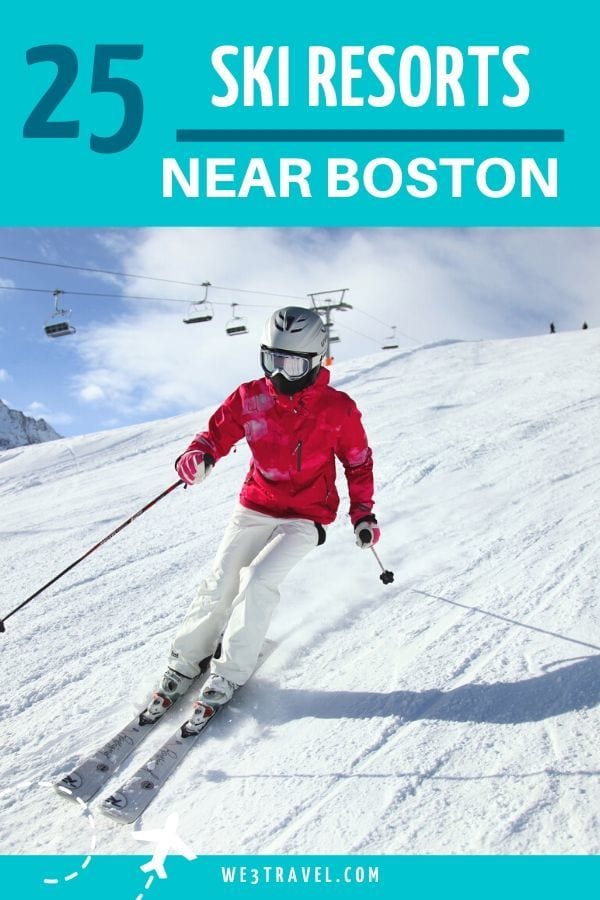 25 ski resorts near Boston skier in red jacket and white pants on slope with lift behind them