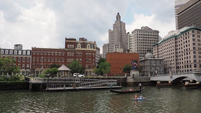 Gondola in river with Providence skyline in background