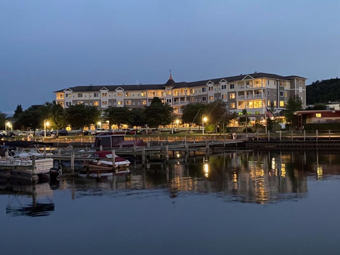 Watkins Glen Harbor Hotel at night from the pier