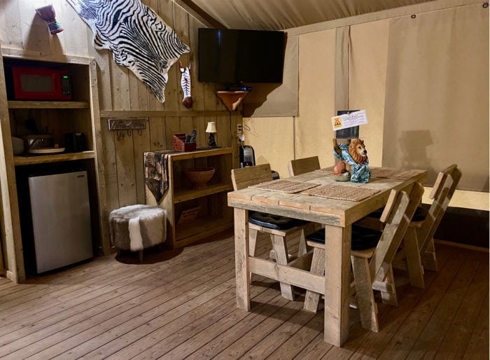 KOA glamping tent dining area