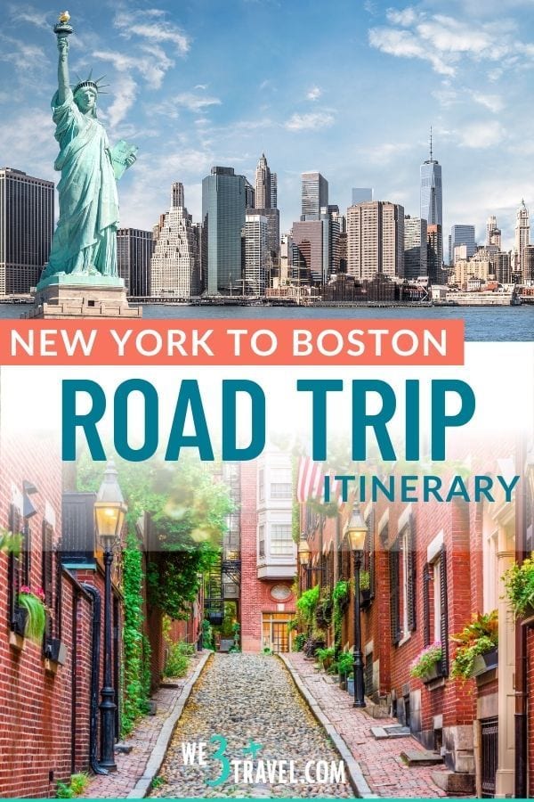 New York to Boston road trip itinerary with image of NYC skyline and statue of liberty on top and cobblestone street of Boston below.