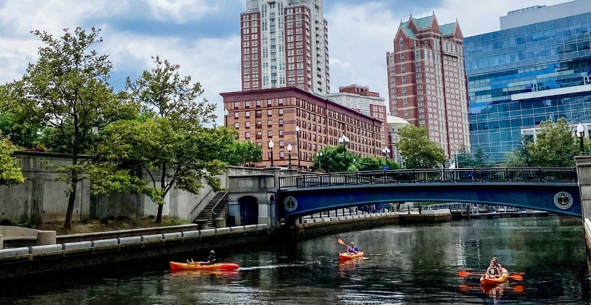 Kayaks in the river in downtown Providence