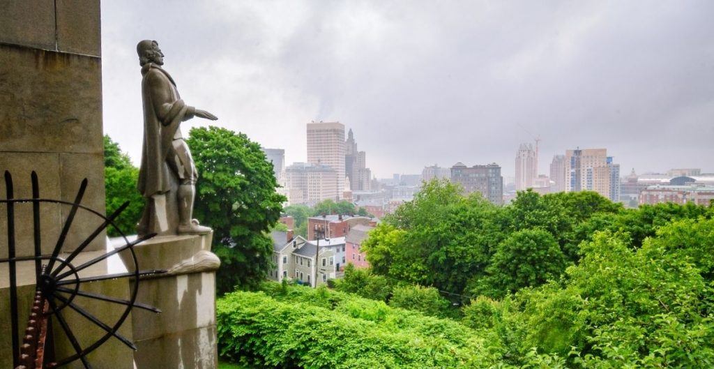 Statue of Roger Williams overlooking Providence in Prospect Park from Canva