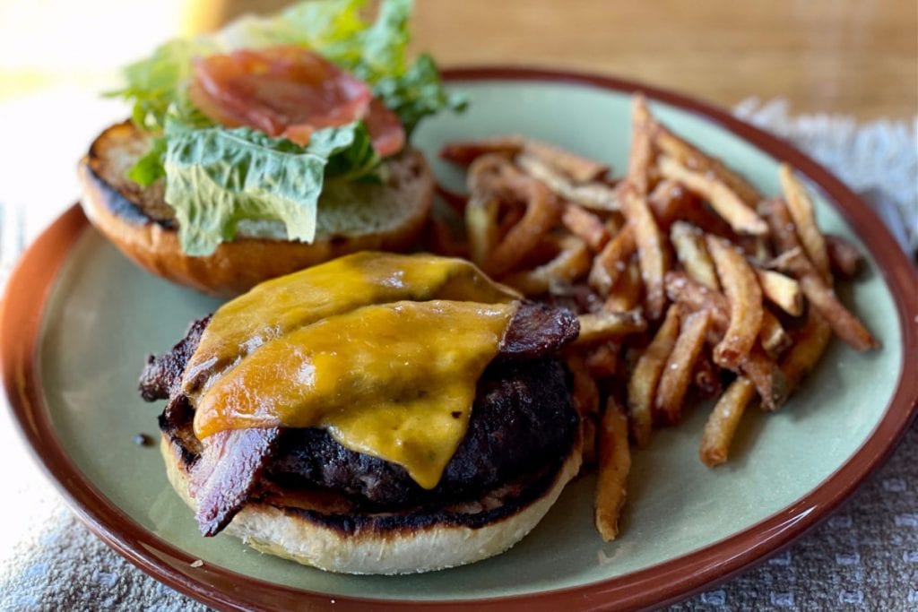 Bacon cheeseburger and fries