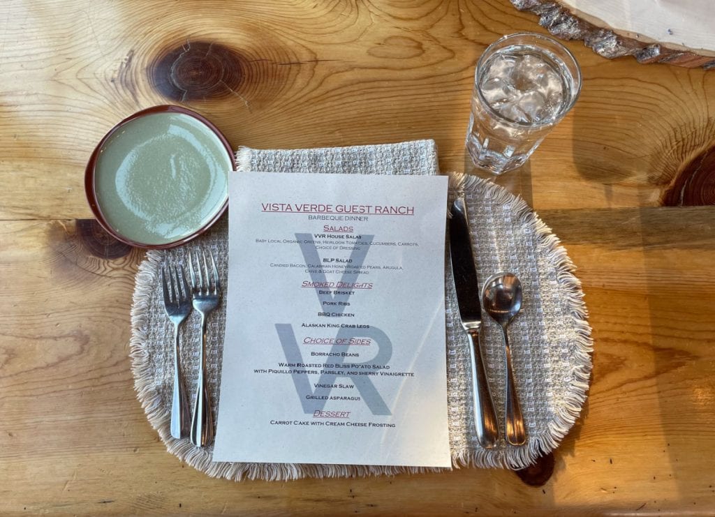 Vista Verde ranch place setting and menu
