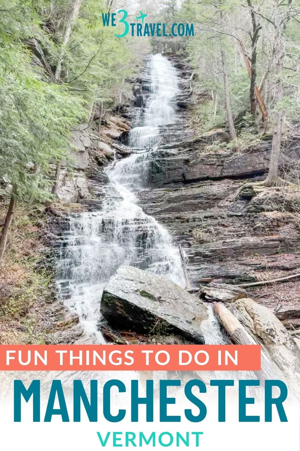 Fun things to do in Manchester Vermont pinterest image with Lye Brook waterfall