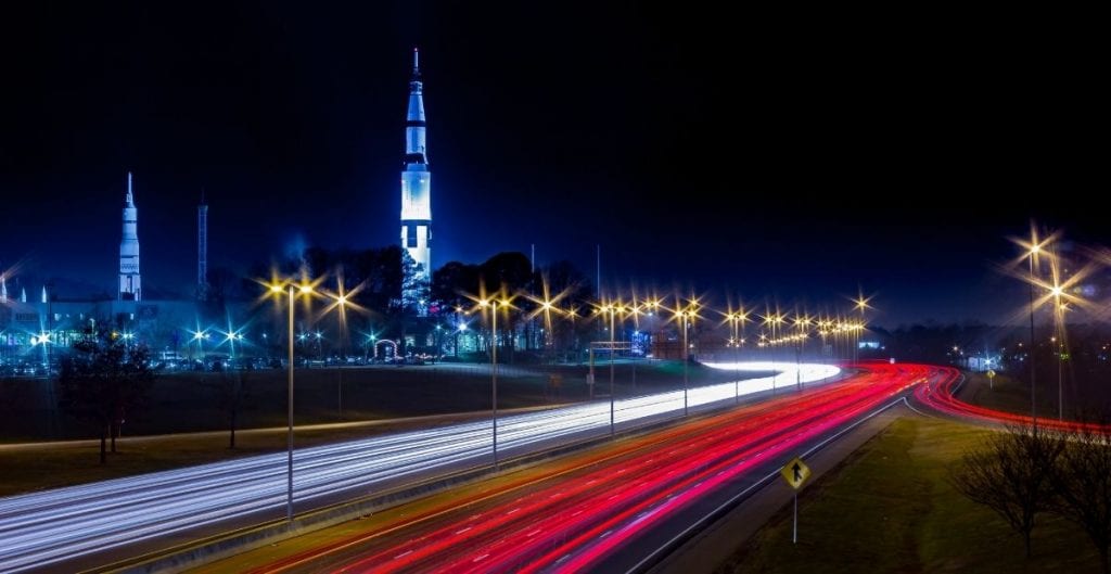 U.S. Space and Rocket Center and traffic at night Huntsville AL (Canva)