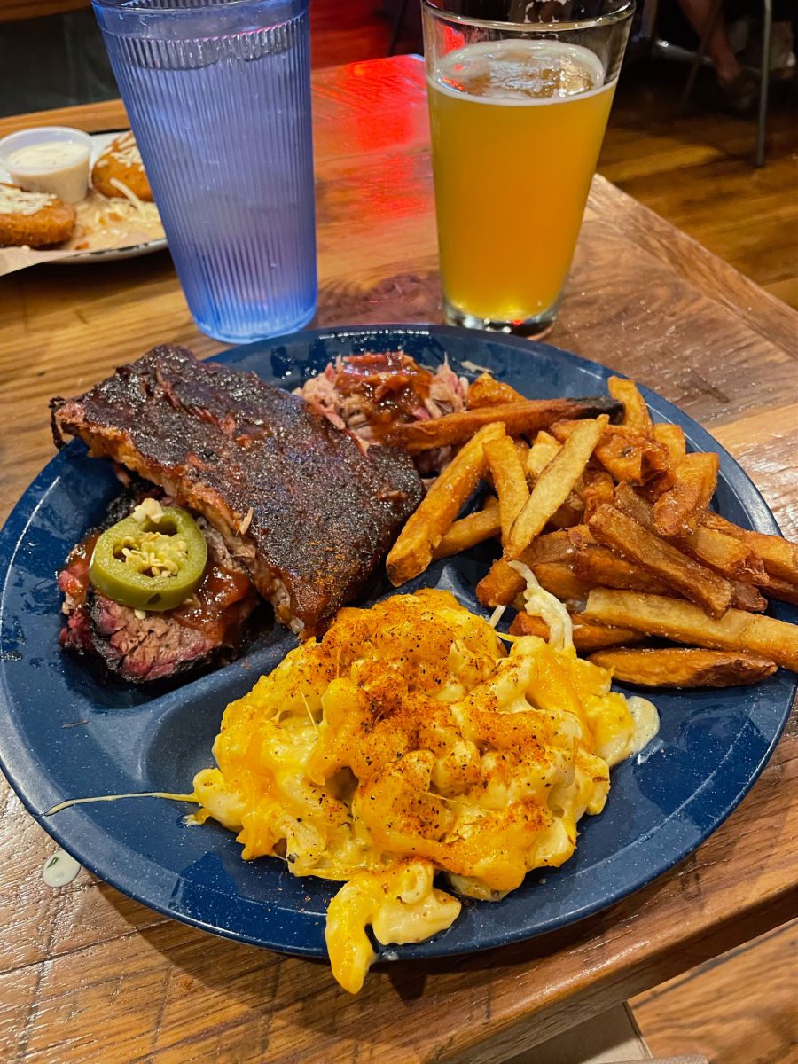 Ribs brisket mac and cheese and fries at Dinosaur BBQ in Syracuse NY