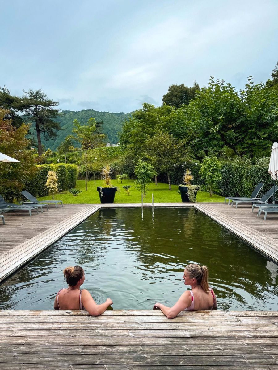 Soaking in the natural pool at Furnas Boutique Hotel