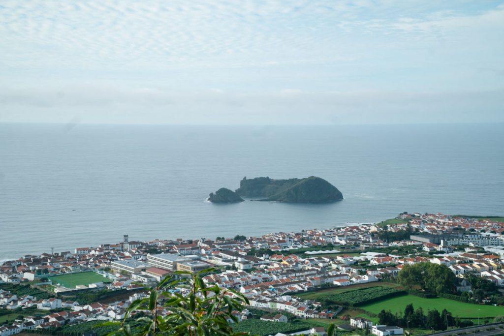 view of Islet de Vila Franco do Campo from above and town of Vila Franco do Campo