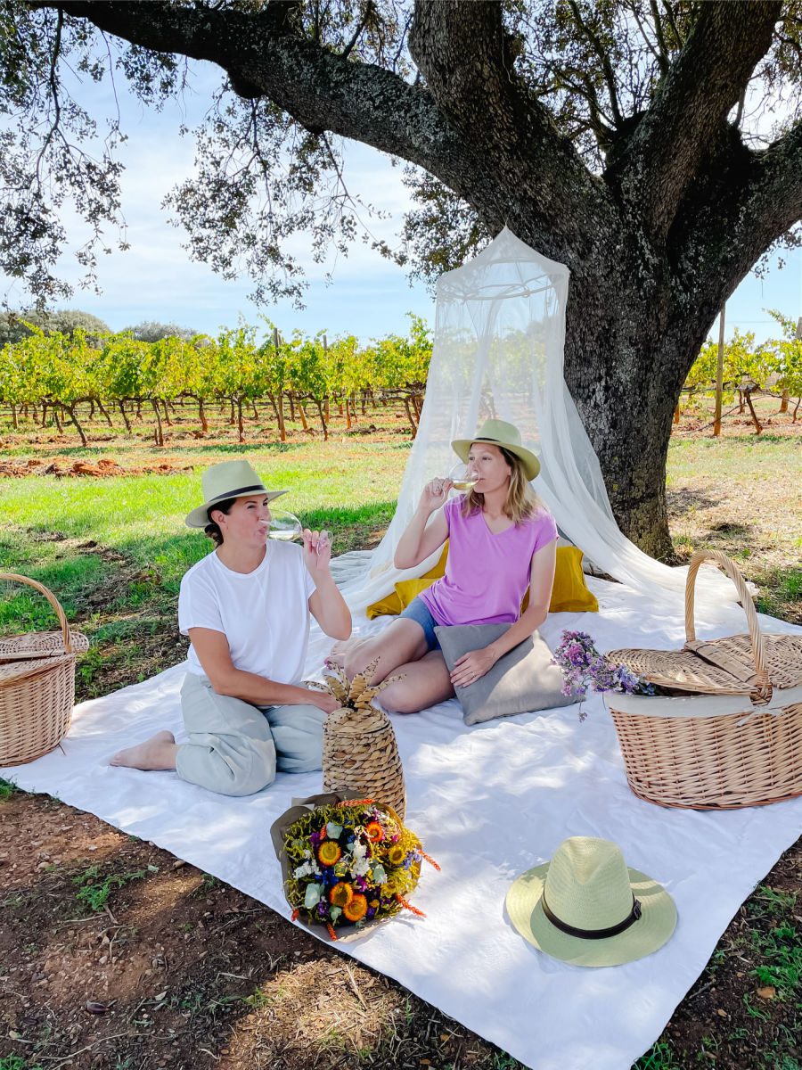 Two women sitting on picnic blanket under a tree drinking wine