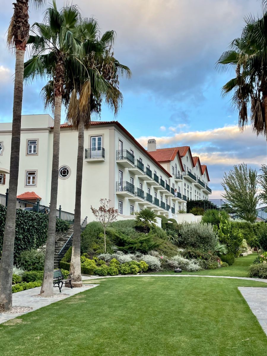 Vintage House hotel building and lawn with palm trees 