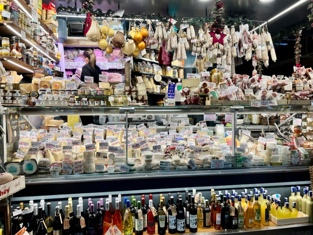 Meat and cheese counter display in Genoa