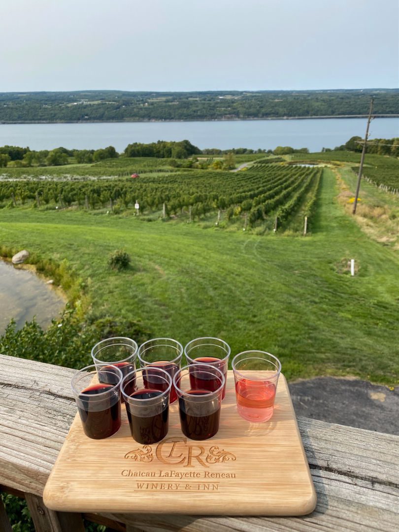 Chateau LaFayette Reneau wine flight and view