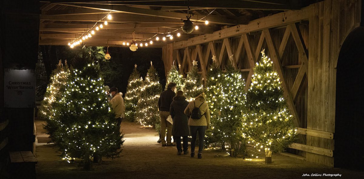 Covered bridge with Christmas trees at Old Sturbridge Village