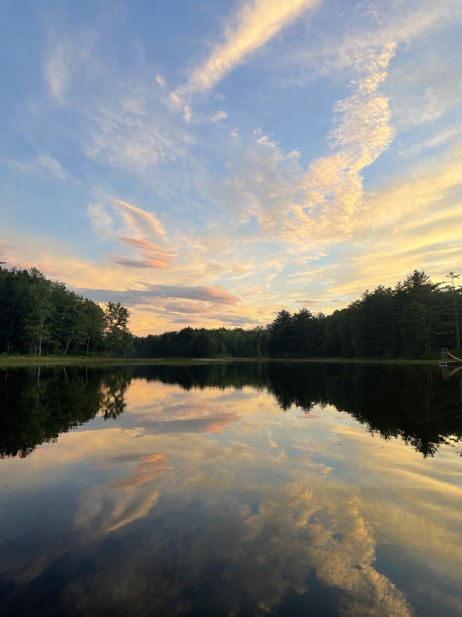 colorful sky reflected in water with trees on the horizon
