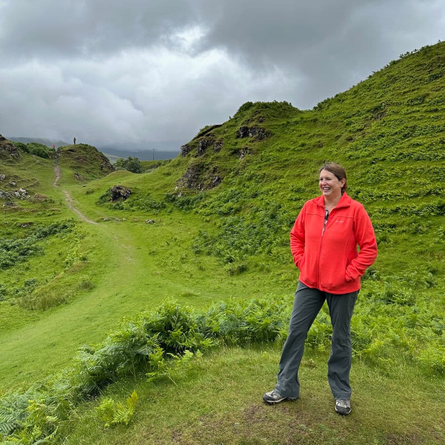 tamara in orange fleece at fairy glen
