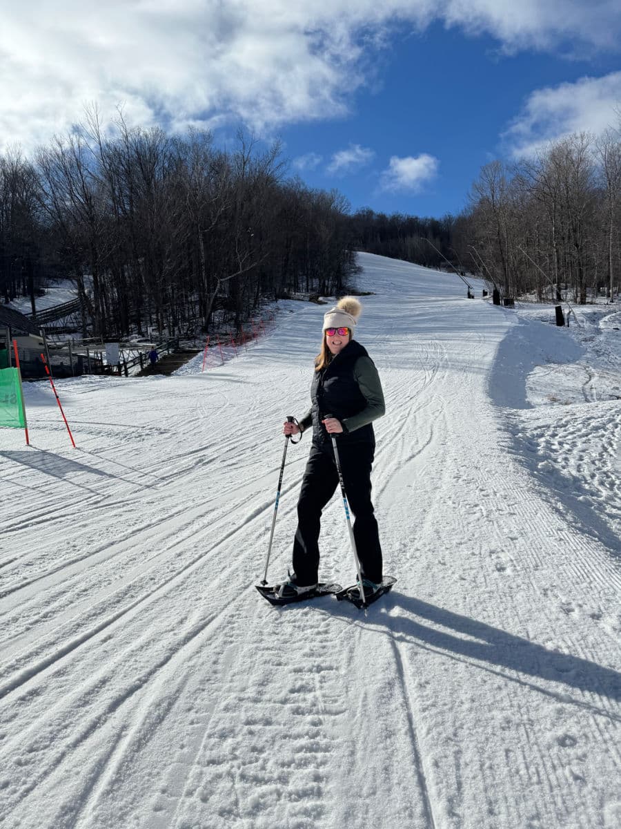 Tamara ready to snow shoe at Jiminy Peak