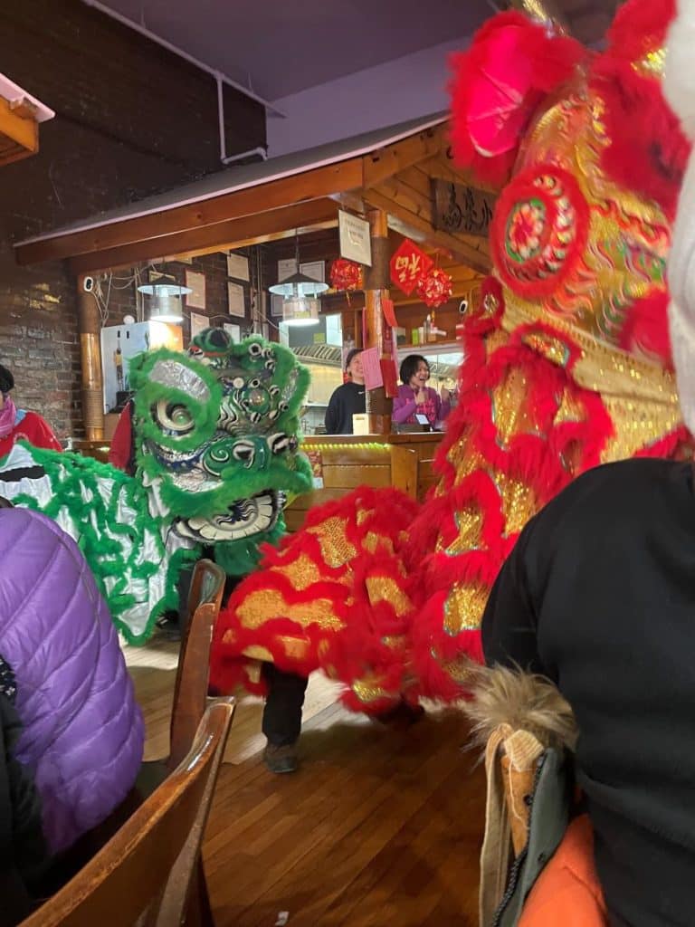 Decorate Chinese lions enter China Town restaurant.