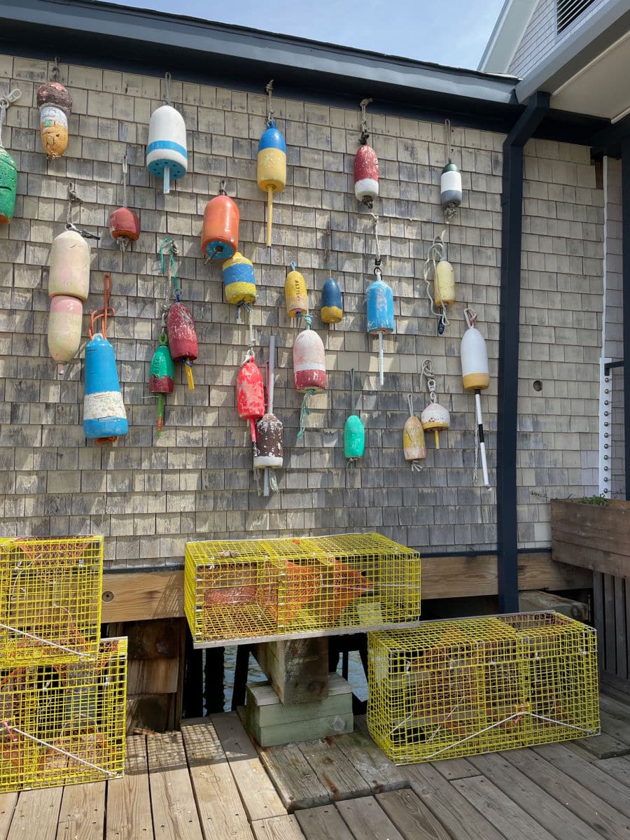 lobster buoys outside Luke's Lobster in Portland