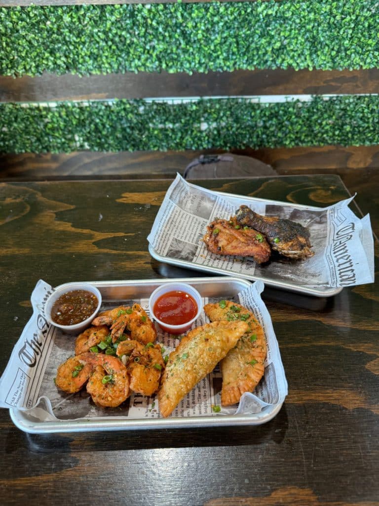 Empanadas, shrimp and jerk chicken at The Jerk Shack