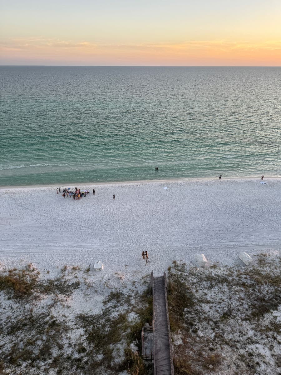 Sandestin beach from above with boardwalk at sunset