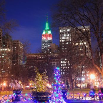 NYC skyline at Christmas with Empire State Building Red and Green