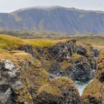 Arnarstapi rocks and white house on green grass in Iceland