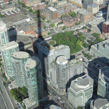Looking down at the shadow of the CN Tower in Toronto