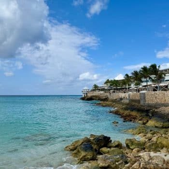 Gazebo and rocks in front of the Sonesta Maho Beach Resort in St Maarten